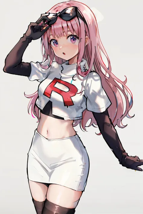 black bow on head, pink hair, team rocket,team rocket uniform,white skirt,crop top,black thigh-highs,black elbow gloves,