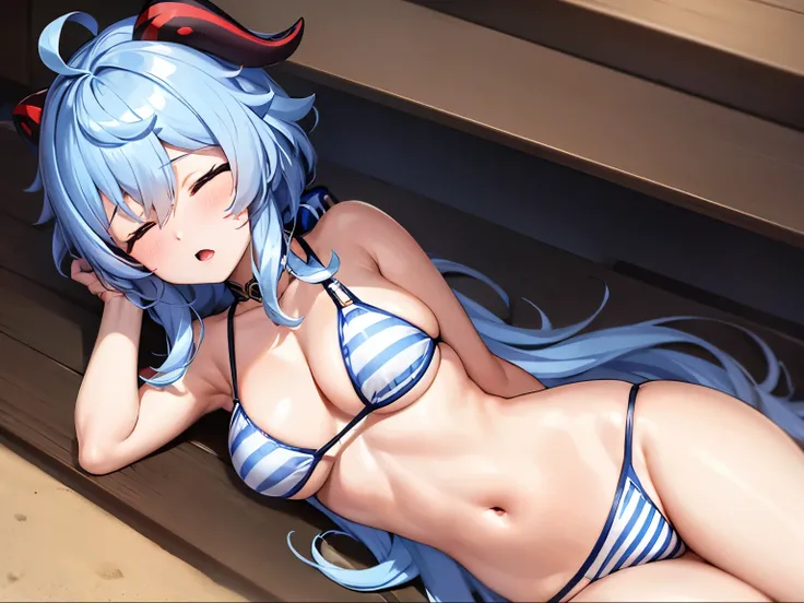 Ganyu Genshin impact, Bikini, White Bikini with blue stripes , sleeping, 1 Person, open mouth