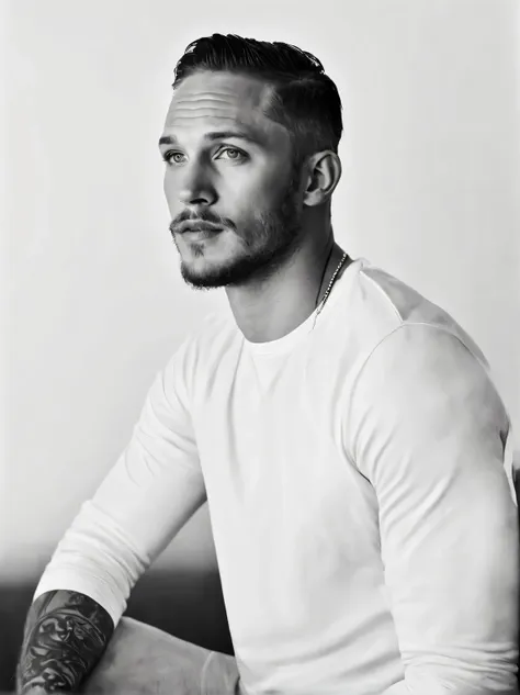 (black and white photo portrait head close-up)，side，(20-year-old tom hardy） ，（very very clean and smooth skin），（very, very smoot...