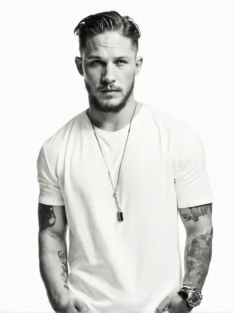 (Black and white photo portrait close-up of the head) Tom Hardy, a 20-year-old boy, is hanging a cigarette. His fair and smooth skin is flawless, with a deep gaze and a very smooth chin and face. (Round inch hairstyle), fused with lighting,