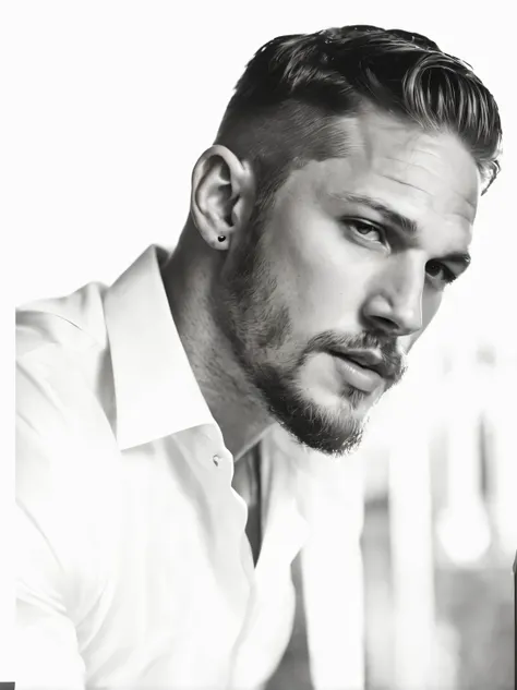 (black and white photo portrait close-up of the head) tom hardy, a 20-year-old boy, is hanging a cigarette. his fair and smooth ...