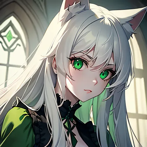 1girl, cat ears, long white hair, green eyes, green gothic dress, dark green lighting, pale skin, 