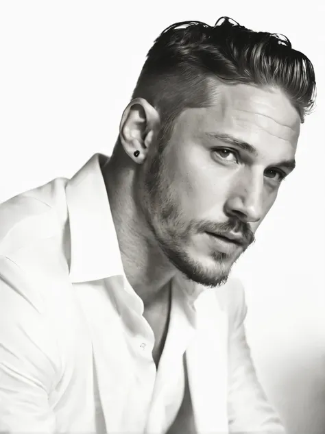 (black and white photo portrait close-up of the head) tom hardy, a 20-year-old boy, is hanging a cigarette. his fair and smooth ...