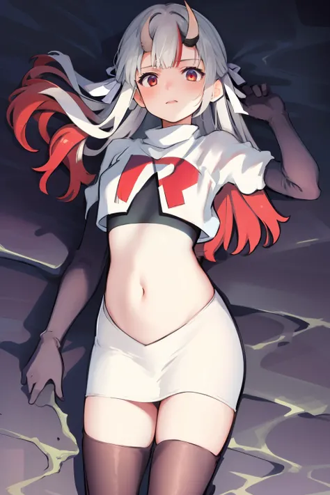 masterpiece, best quality, absurdres, perfect anatomy, 1girl, solo, Nakiri Ayame, long hair, twintails, AyameCasual, hair ribbon, x hair ornament, team rocket,team rocket uniform,white skirt,crop top,black thigh-highs,black elbow gloves,