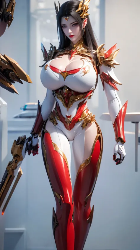 A beauty girl with black long hair, (HYPER-REALISTIC:1.5), (PHOENIX GOLD HELM:1.1), (MUSCULAR BODY SHAPE,HUGE FAKE BREAST:1.5), (CLEAVAGE:1.5), (MUSCLE ABS:1.3), (MECHA GUARD ARMS:1.1), ((RED SHINY FUTURISTIC MECHA CROP TOP, WHITE,BLACK MECHA SKINTIGHT LEG...