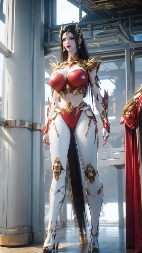 A beauty girl with black long hair, (HYPER-REALISTIC:1.5), (PHOENIX GOLD HELM:1.1), (MUSCULAR BODY SHAPE,HUGE FAKE BREAST:1.5), (CLEAVAGE:1.5), (MUSCLE ABS:1.3), (MECHA GUARD ARMS:1.1), ((RED SHINY FUTURISTIC MECHA CROP TOP, WHITE,BLACK MECHA SKINTIGHT LEG...