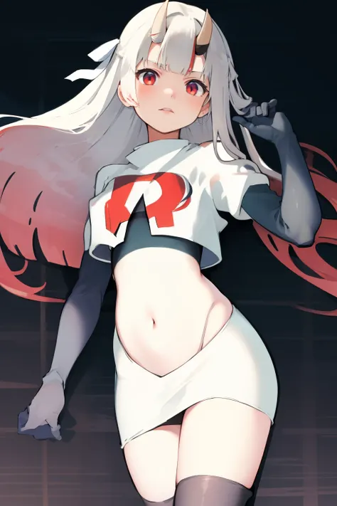 masterpiece, best quality, absurdres, perfect anatomy, 1girl, solo, Nakiri Ayame, long hair, twintails, AyameCasual, hair ribbon, x hair ornament, team rocket,team rocket uniform,white skirt,crop top,black thigh-highs,black elbow gloves,