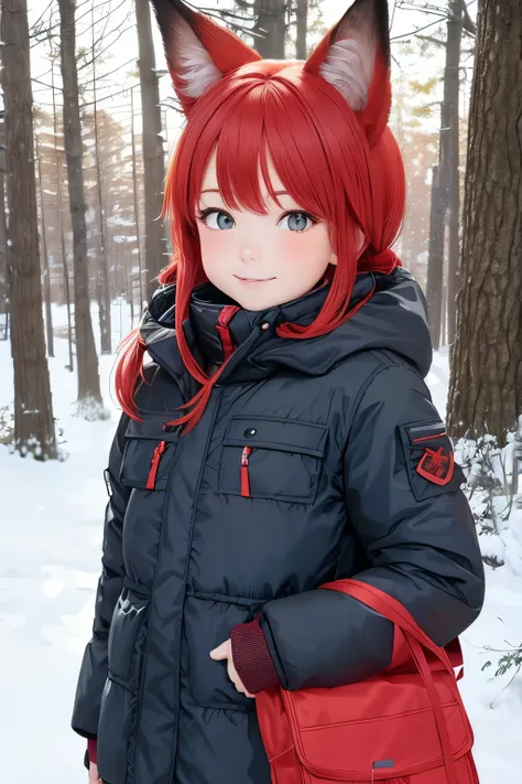 red-haired, girl about 8 years old, with fox ears, dressed in a winter down jacket. snowy forest background.