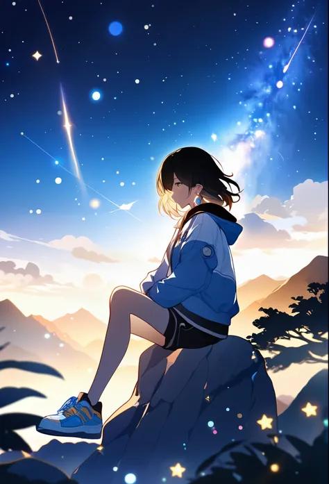 movieのような写真 (masterpiece), (highest quality), (super detailed), place, honkai: star rail, official art, 1 girl, alone, gouache, starry sky, Mountain, long hair, hoodie, shorts, sneakers, yellow eyes, Tsurime, sitting on a rock, starry sky観察, milky way, sho...