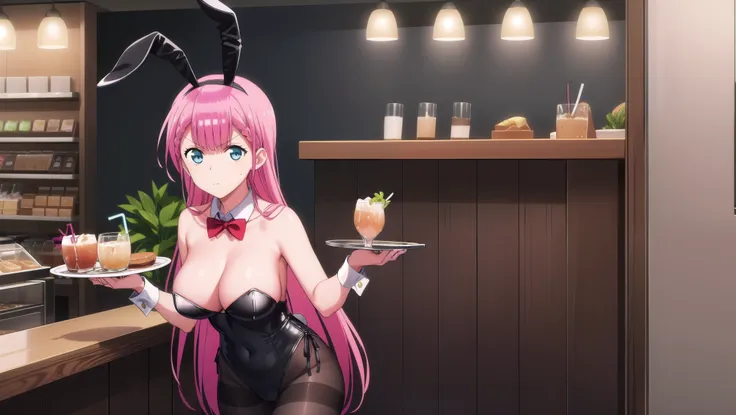 masterpiece, best quality, 1girl, solo, kirisu mafuyu, looking at viewer, annoyed, closed mouth, large breasts, playboy bunny, rabbit ears, black pantyhose, red bowtie, wrist cuffs, black leotard, holding tray, foods, drinks, standing, cafe shop, restauran...