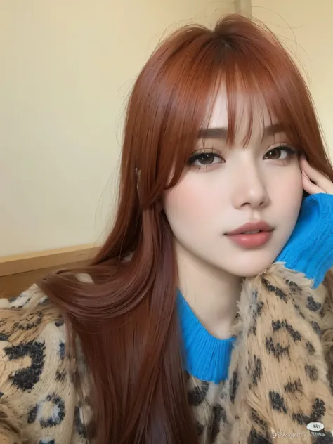 Arrogant woman with long red hair and blue sweater talking on a mobile phone, franja marrom, Ulzzang, brown hair com franja, cabelo castanho e franja, brown long hair com franja, Lalisa Manobal, neat hair com franja, com franja, franja repartida ao centro,...