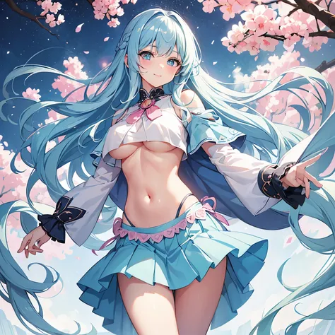 detailed eyes, detailed face, blush, looking at viewer, medium tighs, standing, light blue hair, long hair, legs, light blue clothes, short skirt, medium boobs, g cup chest, skirt lifted, shy smile, pink accessories 