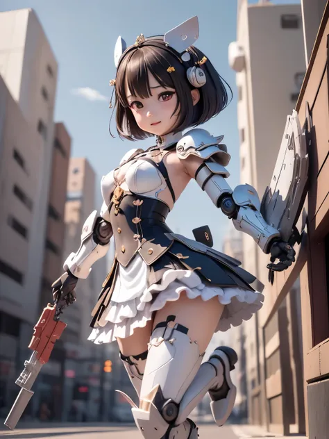 armor colored white and blue,,japanese young girl, {(wear gothic lolita clothes with white frills:1.2)}, wears a futuristic Gundam style armor, with headgear, with v-fin , armored shoulders,armored under arms, armored under legs,full body:1.5, (battle pose...