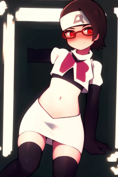 masterpiece, highest quality, best quality, 1girl, solo, looking at viewer, evil, 
uchiha sarada, black hair, blush, red framed glasses, short hair, forehead protector,  headband, red eyes, team rocket,team rocket uniform,white skirt,crop top,black thigh-h...