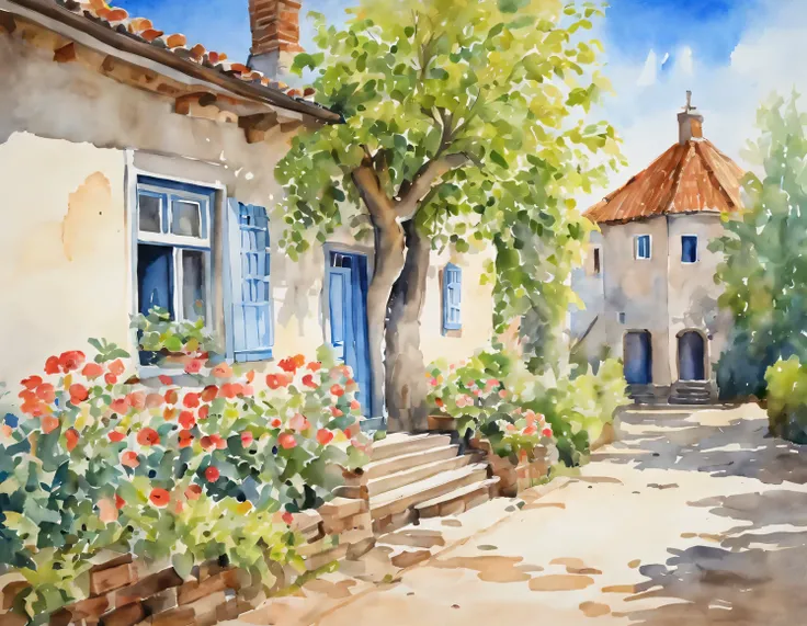 watercolor art, watercolor painting in soft color tones depicting a view of a beautiful village house with carved trim and a ben...