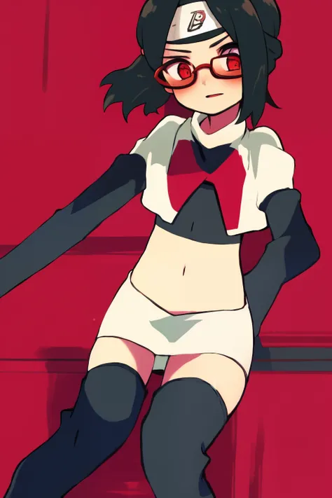 masterpiece, highest quality, best quality, 1girl, solo, looking at viewer, evil, 
uchiha sarada, black hair, blush, red framed glasses, short hair, forehead protector,  headband, red eyes, team rocket,team rocket uniform,white skirt,crop top,black thigh-h...