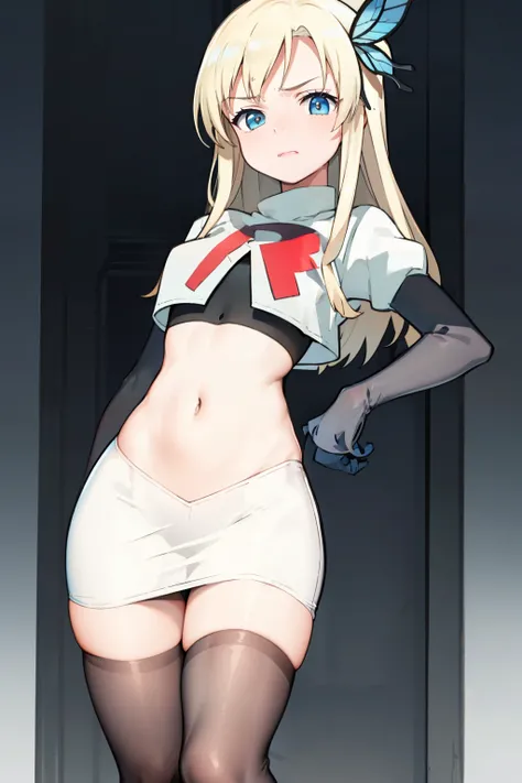 (best quality:1.1), (masterpiece:1.4), (absurdres:1.0),
1girl, kashiwazaki sena, butterfly_hair_ornament, blond hair, solo focus, team rocket,team rocket uniform,white skirt,crop top,black thigh-highs,black elbow gloves,