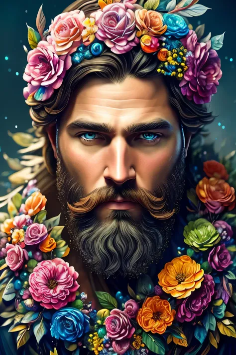 Digital painting of a bearded man with a floral headdress, Alberto Savio Art Style, speckled and frozen multicolored droplets, dreamlike, Surrealistic Digital Painting, sunlit highlights, 3D effects, Ultra High Definition, Masterpiece of Art, cinematic lig...