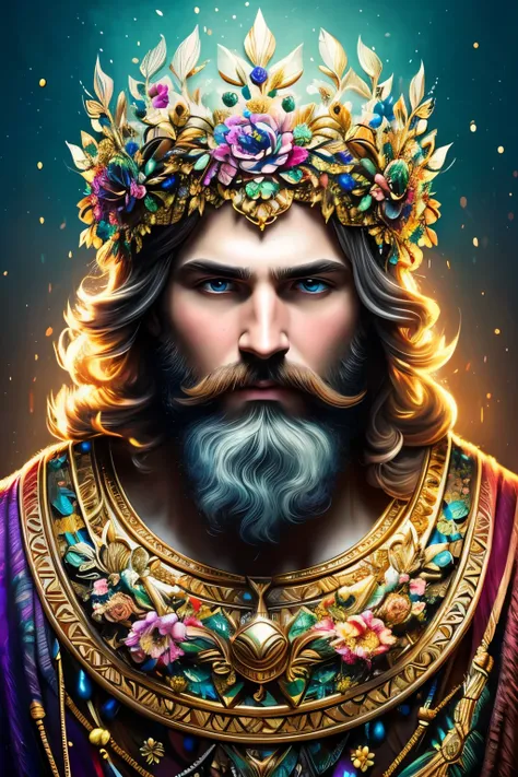 Digital painting of a bearded man with a floral headdress, Alberto Savio Art Style, speckled and frozen multicolored droplets, dreamlike, Surrealistic Digital Painting, sunlit highlights, 3D effects, Ultra High Definition, Masterpiece of Art, cinematic lig...