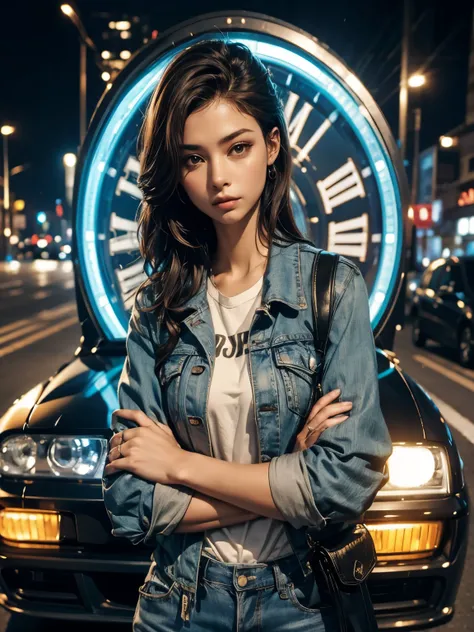 One Beautiful Woman。Dark brown hair。she is wearing a jacket、standing with arms crossed。There is a car-shaped time machine behind the woman.。The time zone is night、Location is urban。