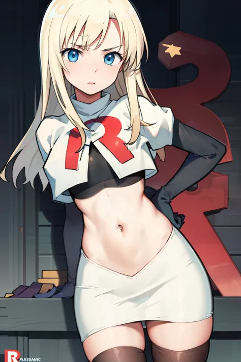 (best quality:1.1), (masterpiece:1.4), (absurdres:1.0),
1girl, kashiwazaki sena, butterfly_hair_ornament, blond hair, solo focus, team rocket,team rocket uniform,white skirt,crop top,black thigh-highs,black elbow gloves,