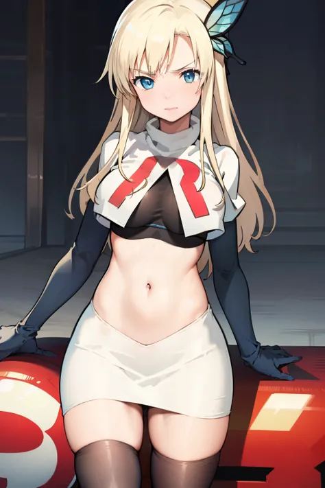 (best quality:1.1), (masterpiece:1.4), (absurdres:1.0), 
1girl, kashiwazaki sena, butterfly_hair_ornament, blond hair, solo focus, team rocket,team rocket uniform,white skirt,crop top,black thigh-highs,black elbow gloves,
