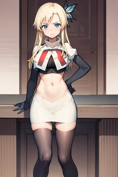 (best quality:1.1), (masterpiece:1.4), (absurdres:1.0), 
1girl, kashiwazaki sena, butterfly_hair_ornament, blond hair, solo focus, team rocket,team rocket uniform,white skirt,crop top,black thigh-highs,black elbow gloves,
