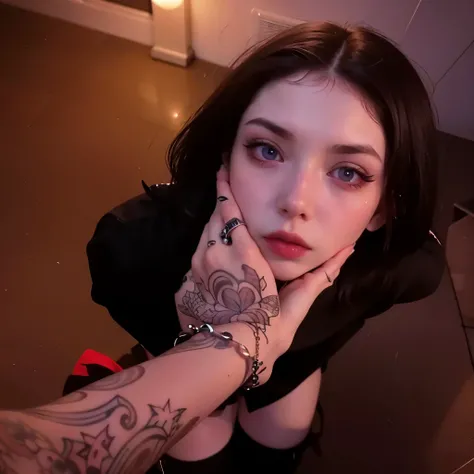 a close up of a person con tatuajes on their hands, 1 7 year old gothic girl, extremely pale white skin, with pale skin, very pale white skin, pale skin and purple eyes, pale skin and dark eyes, pale gothic beauty, very very pale white skin, con tatuajes, ...