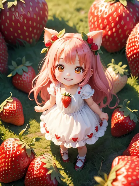 best image quality、fairy tale world、A lot of strawberries、Strawberry Fairy、Ichigo-chan、Fun and cute smile、best smile、chibi character、Super transformation、big head and small body、very cute girl、Surprisingly round big shining eyes、おいしいA lot of strawberries、