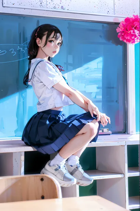 a young woman is sitting at a desk in front of a blackboard, japanese girl uniform, photo of high school girl posing, wearing ja...