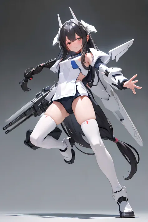 (highest quality)), ((masterpiece)), (very detailed: 1.3), 3D, {(1 young girl)}, (wear navy buruma and white gym uniform with colored hem under armor:1.2), (black hair:1.5), wears a futuristic Gundam mecha,(heavy armored Gundam), with headgear, with v-fin ...