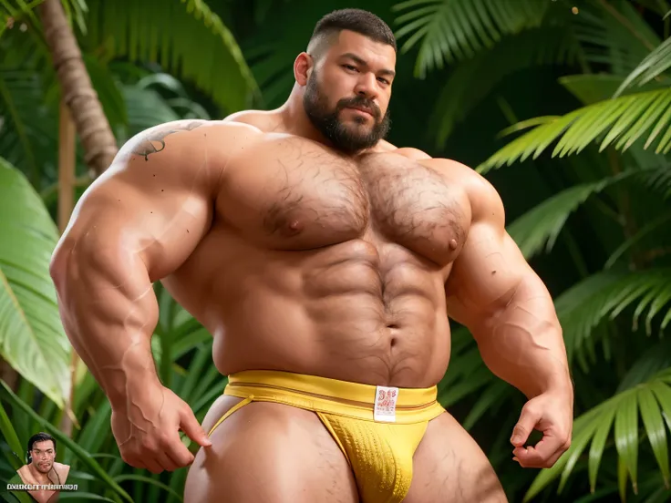 (Extremely detailed 8k wallpaper), A strong Chinese man，Stand in the rainforest，High detail, short detailed hair，mustache，Wear white jockstrap，Perfect figure with tattoos, Very huge and strong body, Bulging muscles, musculous, Very large pectoral muscles，V...