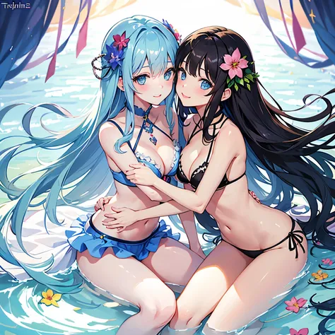 detailed eyes, detailed face, smile, tighs, light blue hair, long hair, legs, boobs, bikini, hair decorated, rainbow flowers, blush, 2 girls, kissing, hugging, hot