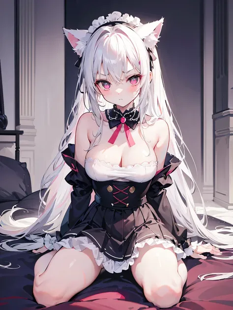 big breasts，Wearing maid outfit，blush, surprise，look at me，red pupils，Lace tights，beautiful hair、 beautiful eyes、 beautiful skin、beautiful legs、beautiful arms、perfect fingers、 very cute，white hair, long hair，white cat ears, white cat tail,best quality，high...