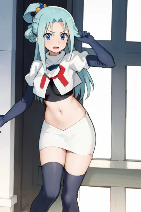 ,anime screencap,anime coloring,
1girl, long hair, solo, blue hair, blue eyes, hair rings, hair ornament, breasts, team rocket,team rocket uniform,white skirt,crop top,black thigh-highs,black elbow gloves,