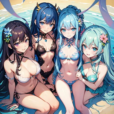 detailed eyes, detailed face, smile, tighs, light blue hair, long hair, legs, boobs, bikini, hair decorated, rainbow flowers, blush, 3 girls, hugging, hot, sexy