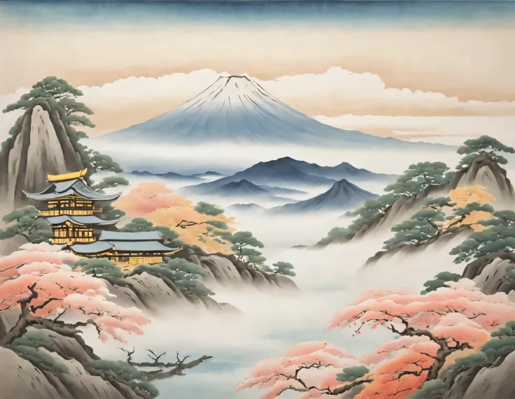 soft color tones, japanese painting by meisho-e, fujiyama and clouds