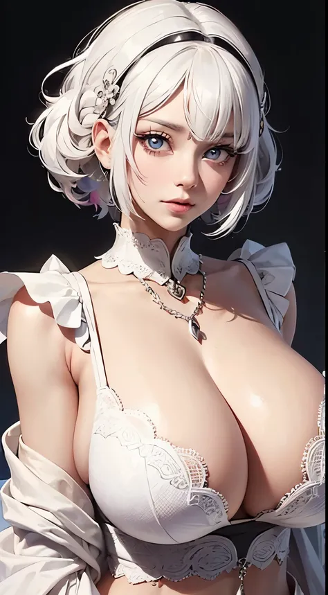 ((huge breasts)), white hair, Colorful clothes, Colorful pattern, Look at the camera, big eyes, beautiful pupils, upper part of body, abdominal muscles