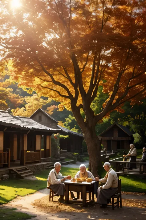 A harmonious gathering of villagers takes place under the ancient tree during the golden hour of a sunset. The elderly man, with wrinkled features and a wise demeanor, sits serenely amongst the community. The tree, with its sprawling branches and vibrant a...