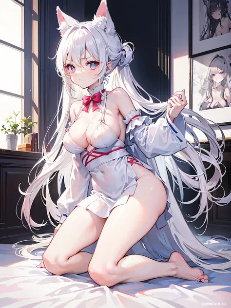 big breasts，Wearing maid outfit，blush, surprise，look at me，red pupils，Lace tights，beautiful hair、 beautiful eyes、 beautiful skin、beautiful legs、beautiful arms、perfect fingers、 very cute，white hair, long hair，white cat ears, white cat tail,best quality，high...