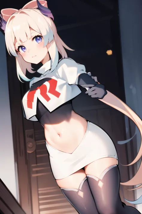 kokomidef, blush, short hair, looking at viewer, team rocket,team rocket uniform,white skirt,crop top,black thigh-highs,black elbow gloves,