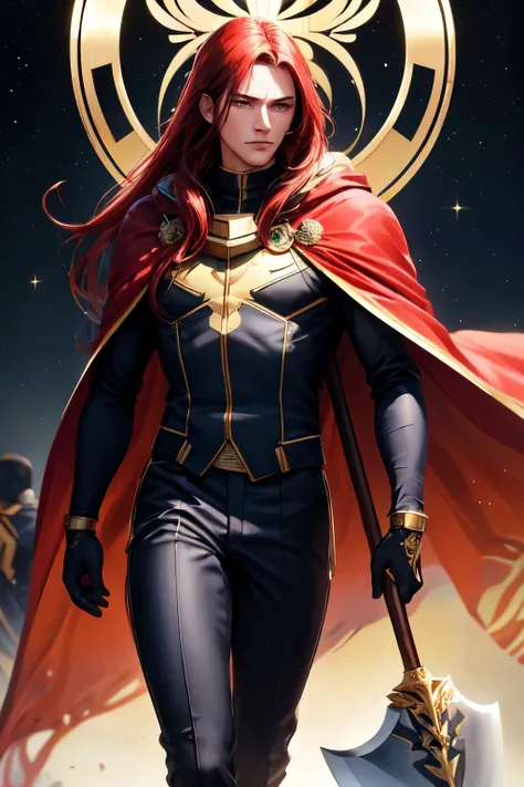 ((best quality)), ((masterpiece)), (detailed), perfect face, Adult Male, Red Long Hair, Weaing an Obsidian Skull, Walking with Ruby Knight, Wearing royal suit with golden space suit, Wearing Crimson Cape, Thailand Background Theme with Dark Theme, Holding ...