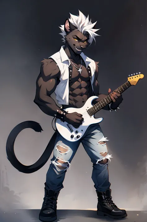 Black panther male, yellow eyes, panther ears, black furry body, muscular, masculine, white hair, faux hawk hair, white leather vest, shirtless, spiked bracelets, blue ripped jeans, black boots, grinning, playing the guitar, holding a black epiphone g400 g...