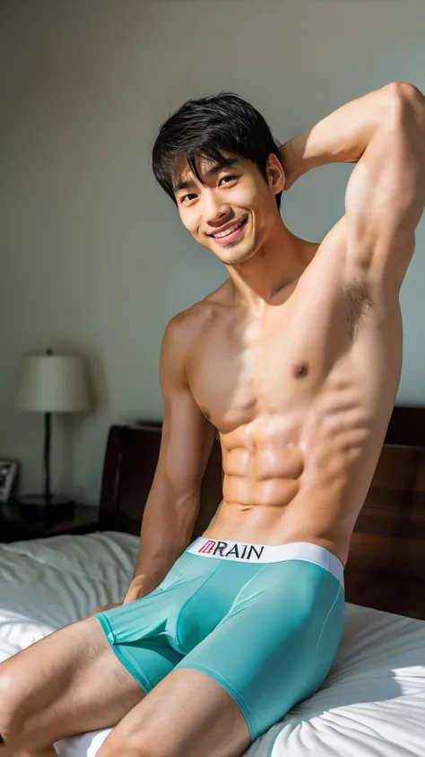 Real-life Photorealism, Raw Portrait Photography full-body shot, Photorealism portrait of Asian Chinese handsome super model guy, neat muscular, wear a sexy tight briefs, shirtless, bed room, smile, bulge, 8K UHD、RAW Photography、Photorealistic Portrait Lei...