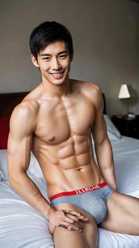 Real-life Photorealism, Raw Portrait Photography full-body shot, Photorealism portrait of Asian Chinese handsome super model guy, neat muscular, wear a sexy tight briefs, shirtless, bed room, smile, bulge, 8K UHD、RAW Photography、Photorealistic Portrait Lei...