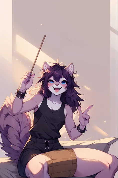 Kaori, purple squirrel girl, blue eyes, purple pony tail, ear piercings, cute snout, black squirrel nose, wearing black tank top, spiked bracelets, sitting, holding two drums sticks, waving her arms around, by fumiko, by hyattlen, by hioshiru, no backgroun...