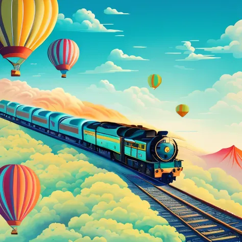 A surrealistic digital painting of an oriental express train as a hot air balloon, by Studio Ghibli, whimsical and illustrative, dreamy color palette, cyan and amber, beautiful lighting