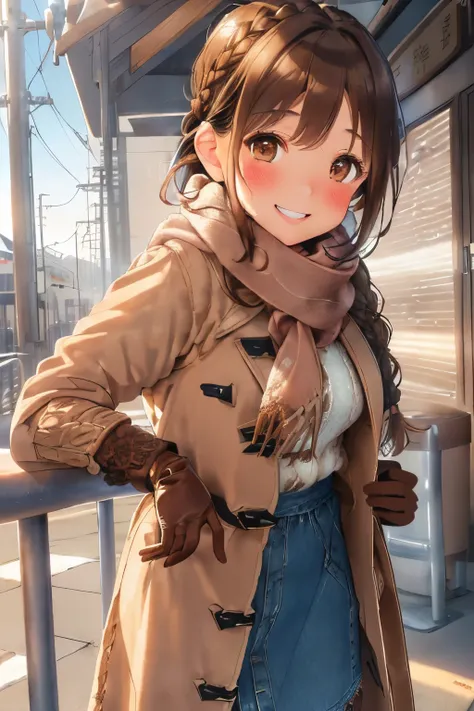 (brown hair:1.25),(brown eyes:1.25),(braided short hair:1.3),(With bangs),(blush:1.3),(long coat for winter:1.4),(skirt with long hem:1.4),(gloves:1.4),(Scarf:1.4),(station platform:1.35),(close up of face:1.25),(Im looking cold:1.35),(Denim material:1.4),...