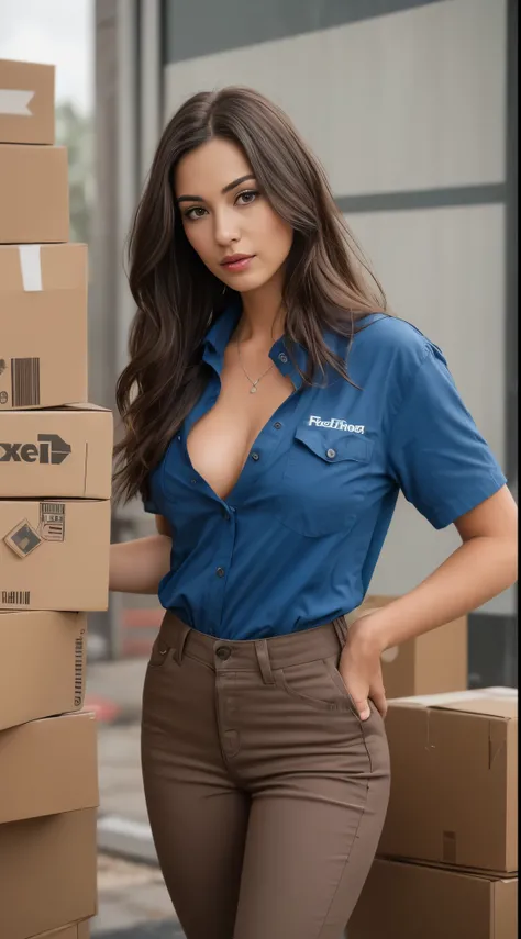 24-year-old bosomy brunette (brown-eyed woman) wearing a FedEx delivery driver shirt and blue skin-tight pants, showing cleavage, nipples hidden, holding a cardboard box, letters on box say "FedEx", dramatic, ultra-high res.photorealistic:.1.4, (high detai...