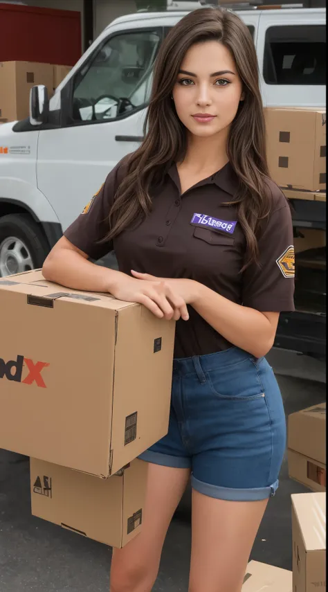 24-year-old brunette (brown-eyed woman) wearing a fedex delivery driver uniform, holding a cardboard box, large breasts, not exp...